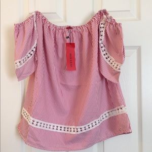 Red Leaf red pin stripped off the shoulder top